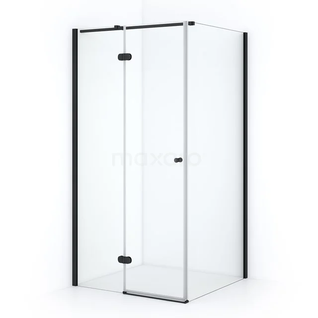 Shower enclosure with black accents, clear glass and corner step, ideal for a modern bathroom.