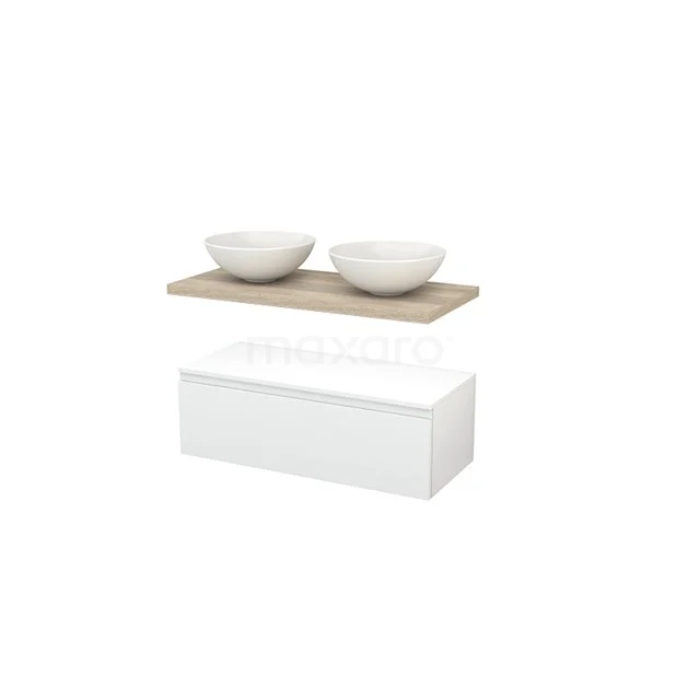 Bathroom furniture set with white drawers, wooden basin worktop and two ceramic countertop wash basins, modern design for stylish bathrooms.