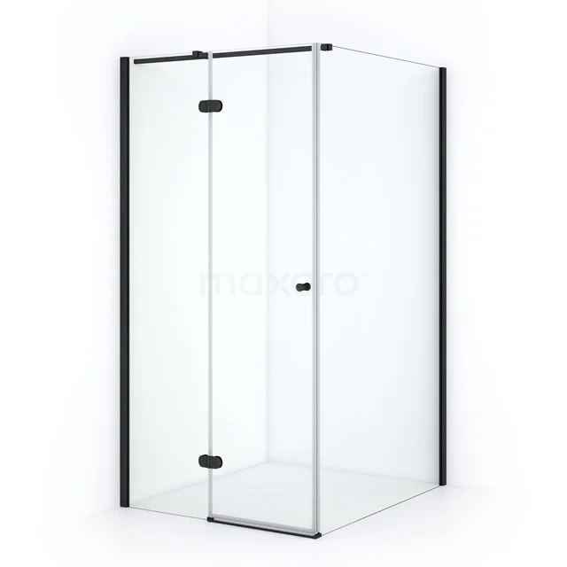 Eck-Duschkabine mit Klarglas, Schwarz Aluminium Profile, modernes Design. Perfekt für eine stilvolle Badezimmergestaltung.