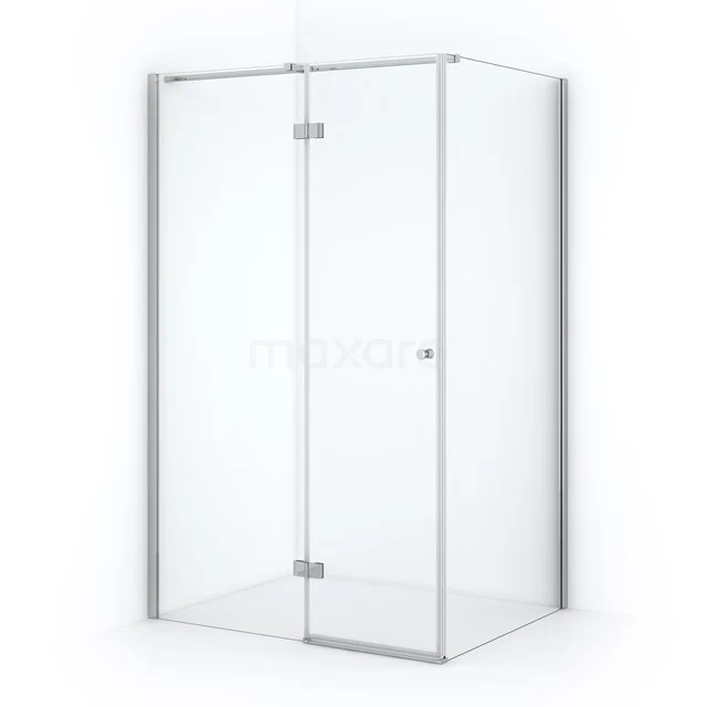 Glass corner shower cabin with silver profiles, sleek design for modern bathrooms.