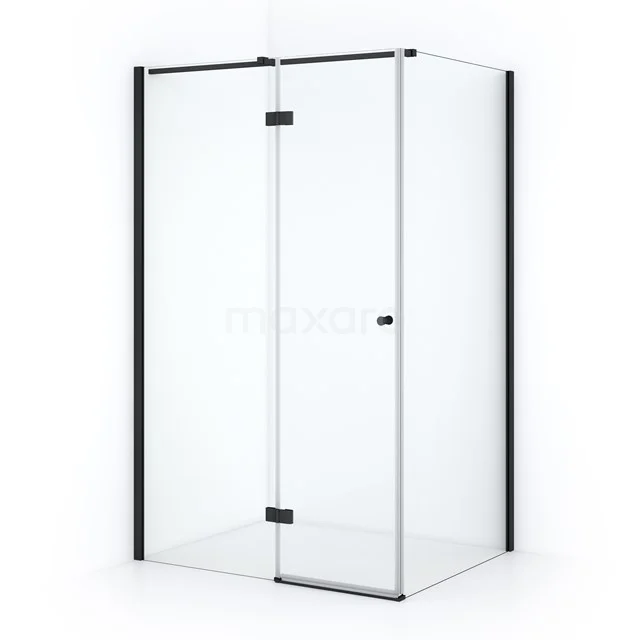 Glass corner shower cabin with black aluminium profiles, sleek design, ideal for modern bathrooms.