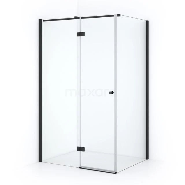 Glasene Eck-Duschkabine mit schwarzen Aluminiumprofilen, elegantes Design, ideal für moderne Bäder.