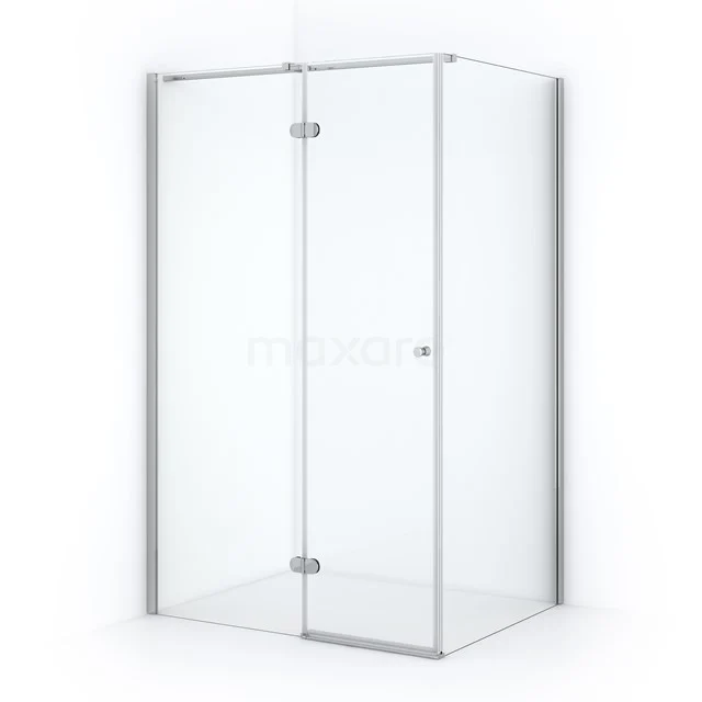 Corner shower enclosure with clear glass doors and chrome hinges; modern bathroom design made of durable materials.