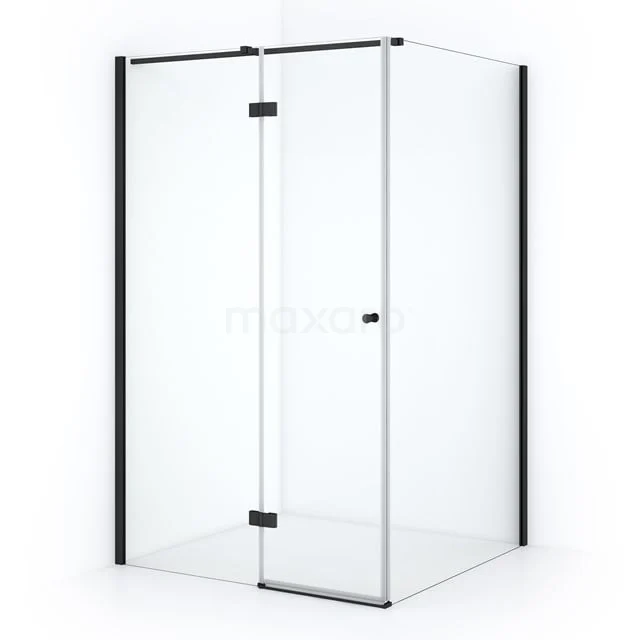 Duschkabine mit mattschwarzem Profil, Klarglas und Drehtür, stilvolle Ecklösung für moderne Bäder.