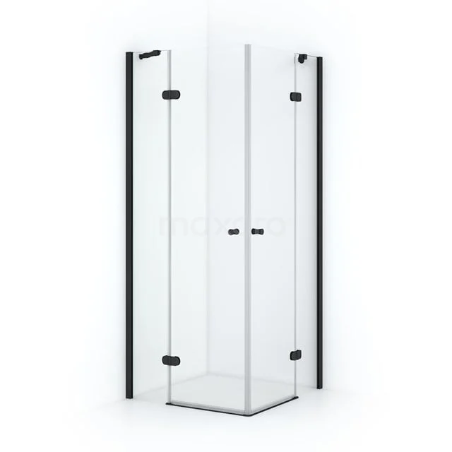Eck-Duschkabine mit klaren Glastüren, schwarzen Profilen und Scharnieren; stilvolles Design für moderne Bäder.