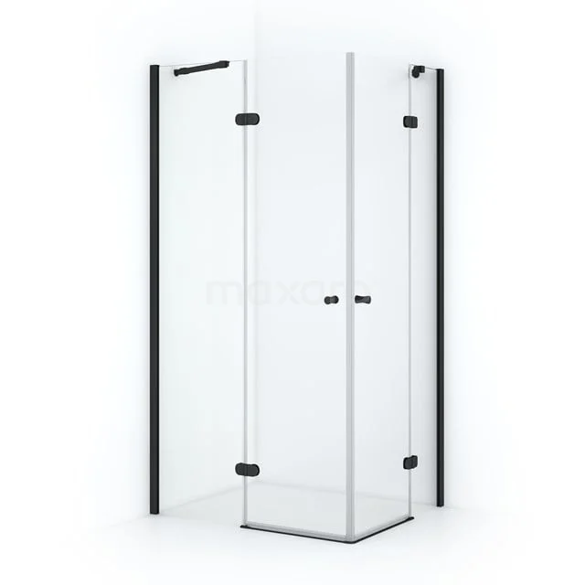 Eck-Duschkabine mit Klarglas, schwarzen Profilen und doppelter Tür, modernes Design für eine stilvolle Badezimmerrenovierung.