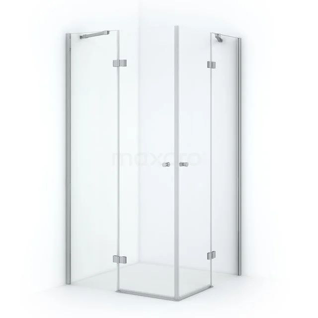 Corner shower cabin made of glass with chrome hinges, minimalist design, ideal for the modern bathroom.