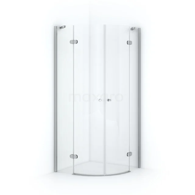 Semi-circular glass shower enclosure with chrome accents, suitable for modern bathrooms. Minimalist design and space-saving.