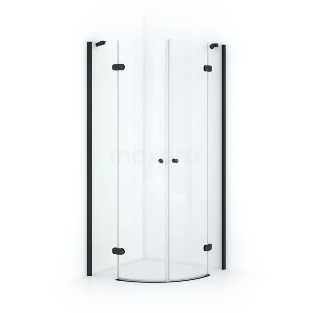 Semi-circular glass shower enclosure with black profiles, double sliding doors and modern design, ideal for compact bathrooms.