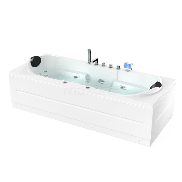 Weißes Jacuzzi-Badewanne mit Massagefunktion, eingebauten Kopfstützen und chromatischen Armaturen, perfekt für luxuriöse Badezimmerentspannung.