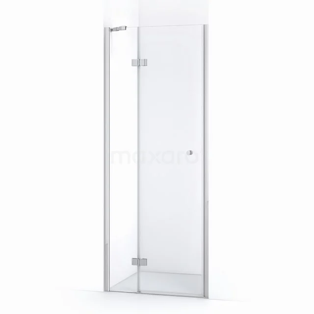 Glas Duschtür mit verchromten Scharnieren, schlankes Design und Klarglas; ideal für ein modernes Badezimmer.