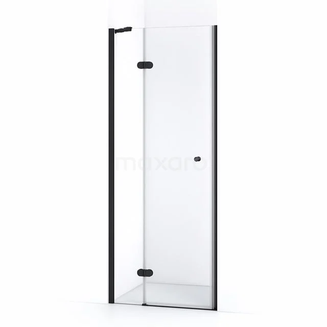 Schwarze Duschtür mit Klarglas, elegantes Design, drehbar und geeignet für moderne Bäder. Veredelt mit mattschwarzen Profilen.