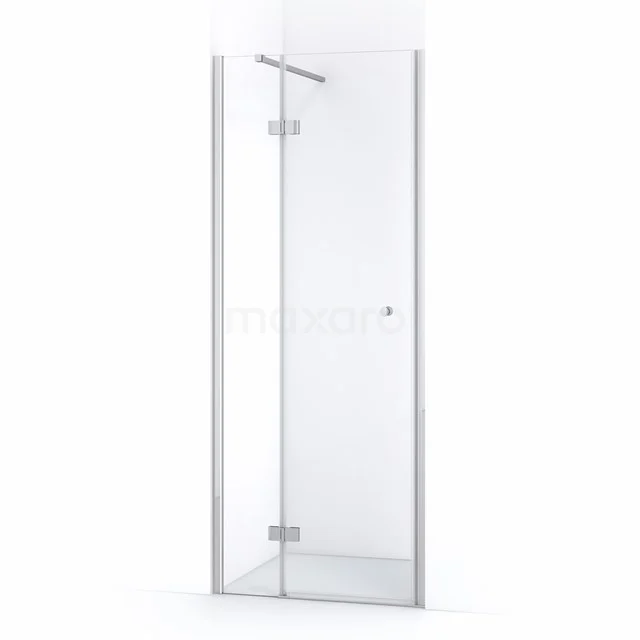 Glasene Duschtür mit chromatischen Scharnieren, Eckaufstellung, minimalistisches Design, perfekt für ein modernes Badezimmer.