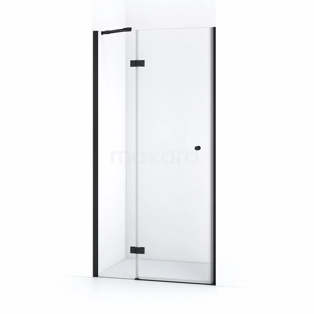Duschkabine mit schwarzen Profilen, Klarglas und Drehtür, moderner Badezimmerstil.