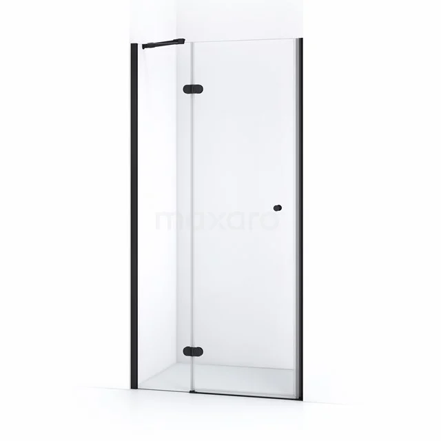 Glas Duschkabine mit Matt Schwarz Profilen, Eckeinstieg und Drehtür, ideal für einen modernen Badezimmerstil.