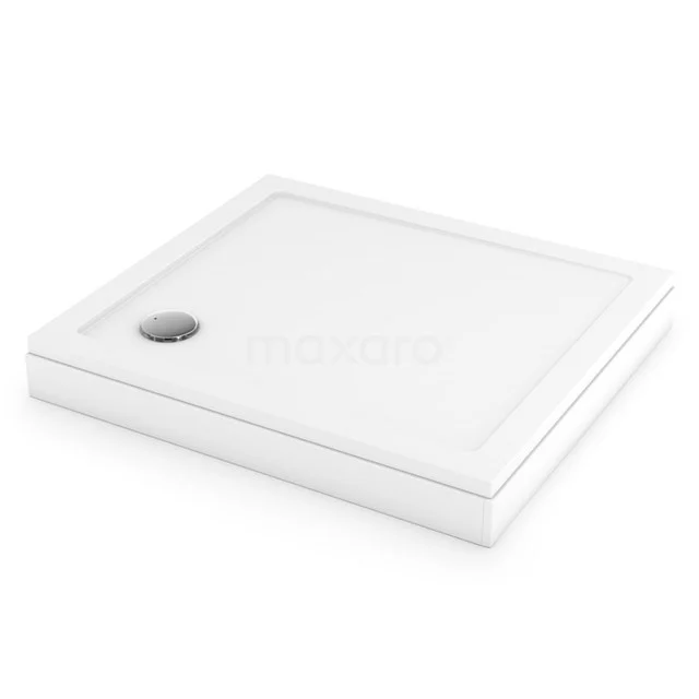 Viereckige, weiße Duschwanne mit aufstehendem Rand und Abfluss in der Ecke, aus robustem Acryl, ideal für ein modernes Badezimmer.