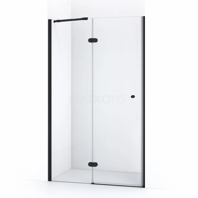 Duschkabine mit Schwarz Rahmen, Heldglas und Drehtür; stilvolle Badezimmerlösung in modernem Design.