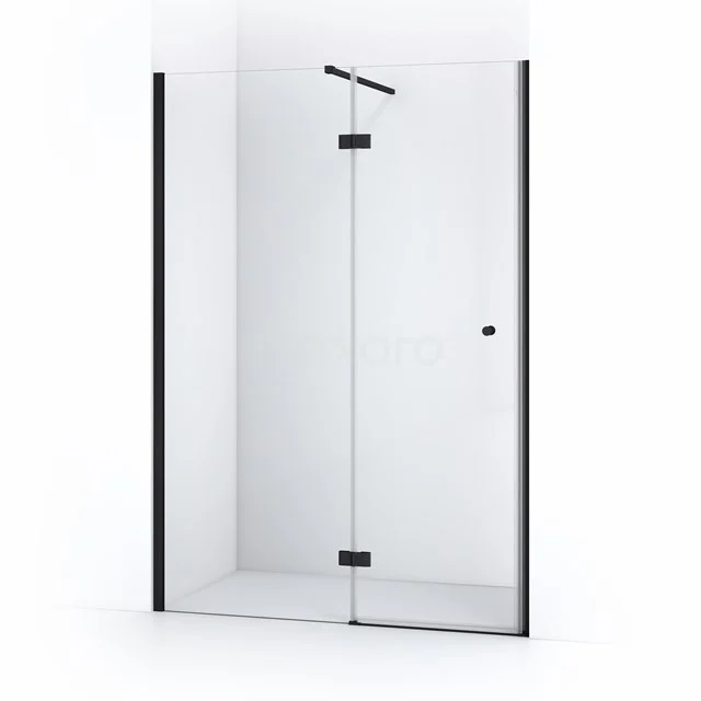 Begehbare Dusche mit Klarglas, Schwarz Metallakzenten und rahmenlosem Design, perfekt für einen modernen Badezimmerstil.