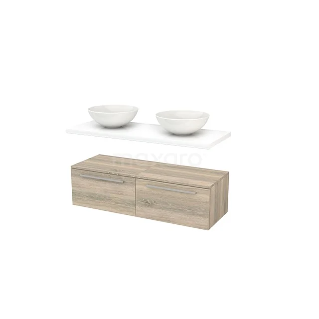 Wooden bathroom unit with two white ceramic countertop wash basins, modern design and soft drawer closure.