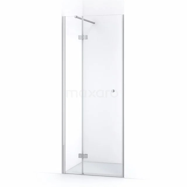 Glas Duschtür mit verchromten Scharnieren, Eckmodell, Klarglas; stilvolle Badezimmerlösung für moderne Duschen.