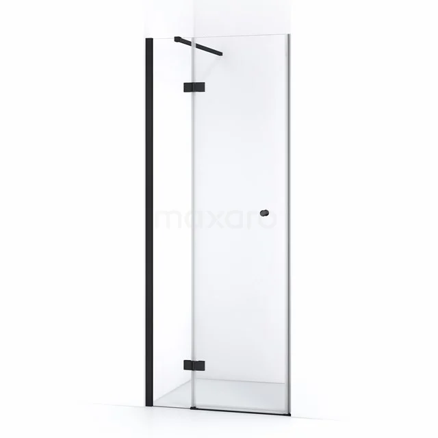 Glasene Duschtür mit schwarzem Rahmen, scharnierende Schließung und klaren Linien, ideal für ein modernes Badezimmer.