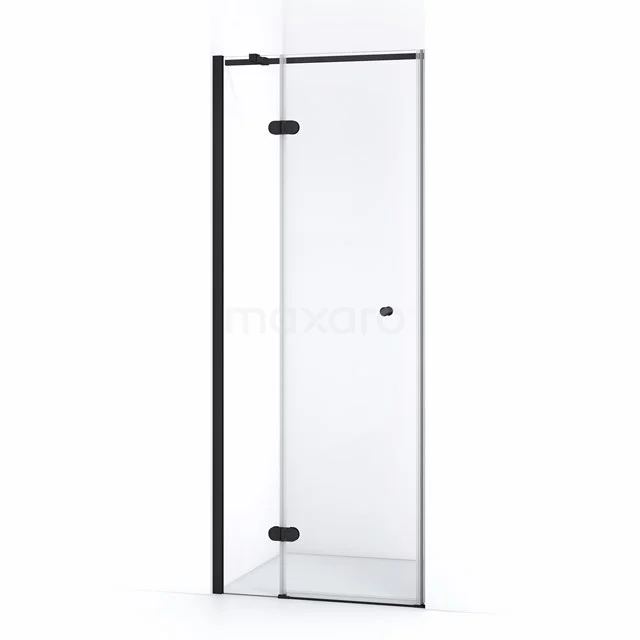 Duschtür mit schwarzen Profilen, Klarglas und Scharnieren, ideal für moderne Badezimmerinrichtungen.