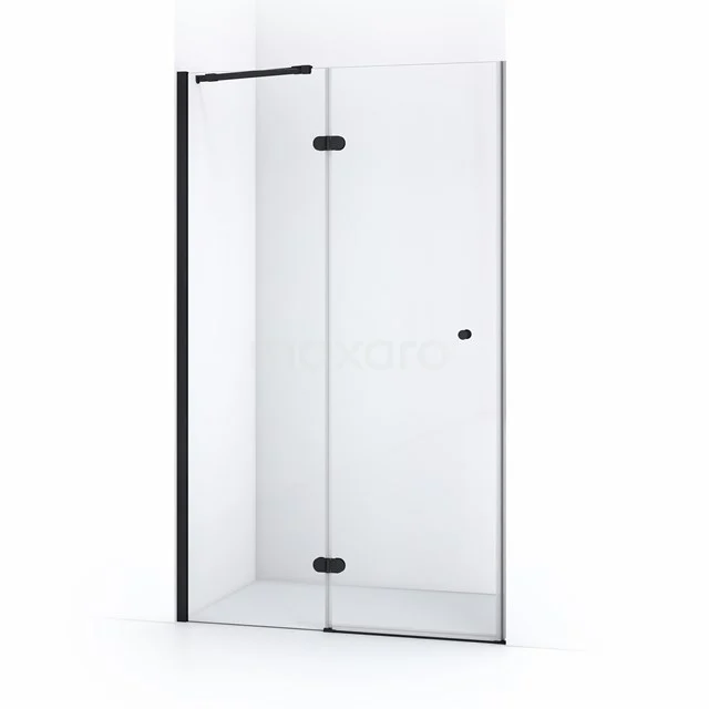 Glasene Duschwand mit schwarzen Metallprofilen, Dreh- und Schiebetür, modernes Design; stilvolle Badezimmerlösung.