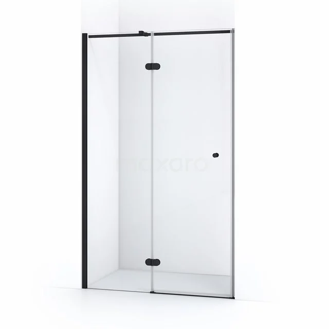 Schwarze metallene Duschtür mit Klarglas, elegantes Design, ideal für moderne Bäder, ausgestattet mit robusten Scharnieren.