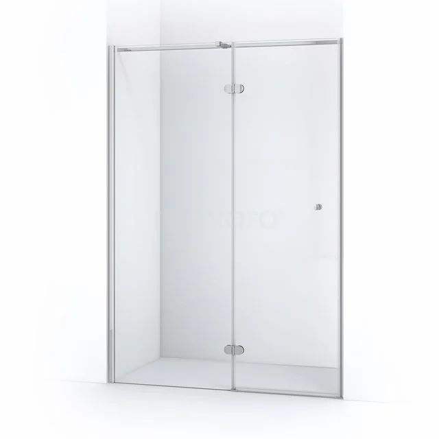 Glas Duschwand mit silberfarbenen Profilen, modernes Design und Eckaufstellung; ideal für ein stilvolles Badezimmer.