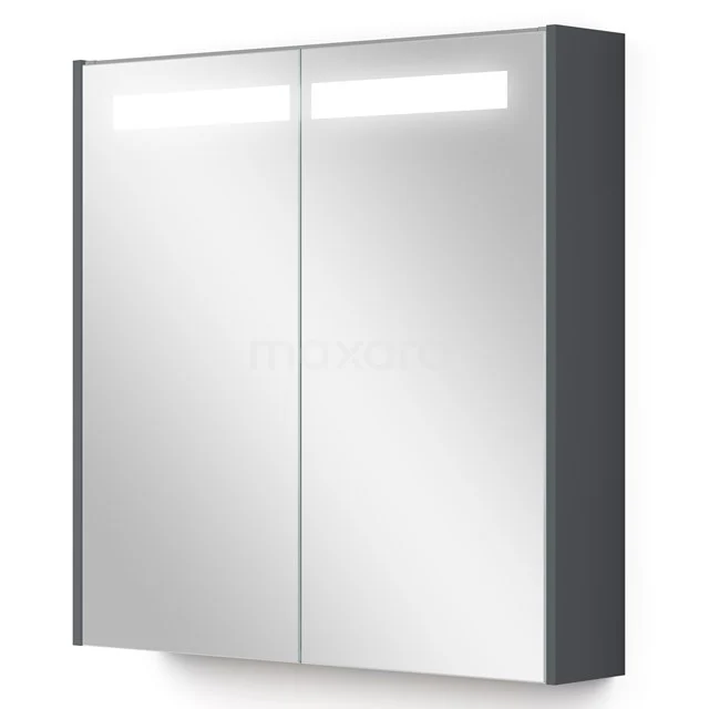 Spiegelschrank Badezimmer, LED-Beleuchtung, schwarz-silberfarben, modernes Design, doppelte Türen, perfekte Aufbewahrungslösung.