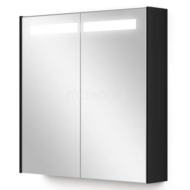 Spiegelschrank mit Beleuchtung Modulo 70x70cm Hochglanz Schwarz K99-0700-59008-11 Schwarz-weißer Spiegelschrank mit LED-Beleuchtung, ideal für moderne Bäder, ausgestattet mit doppelten Spiegeltüren.