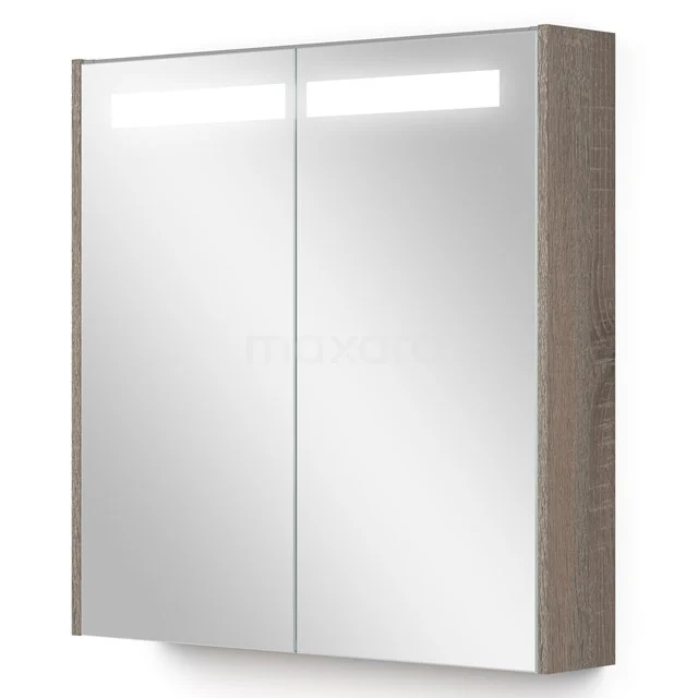 Holz-Badschrank mit Spiegeltüren und integrierter LED-Beleuchtung, ideal für moderne Badezimmerlagerung.