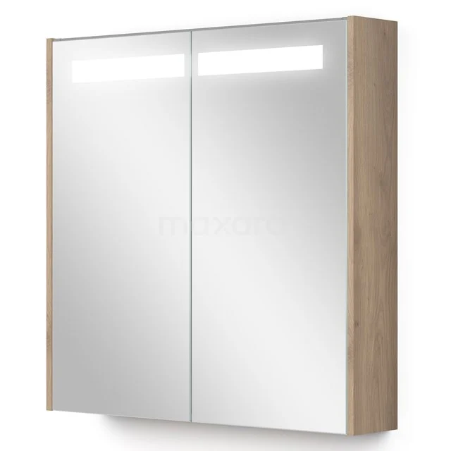 Spiegelkast badkamer houtlook met dubbele spiegeldeuren en geïntegreerde LED-verlichting, modern ontwerp.