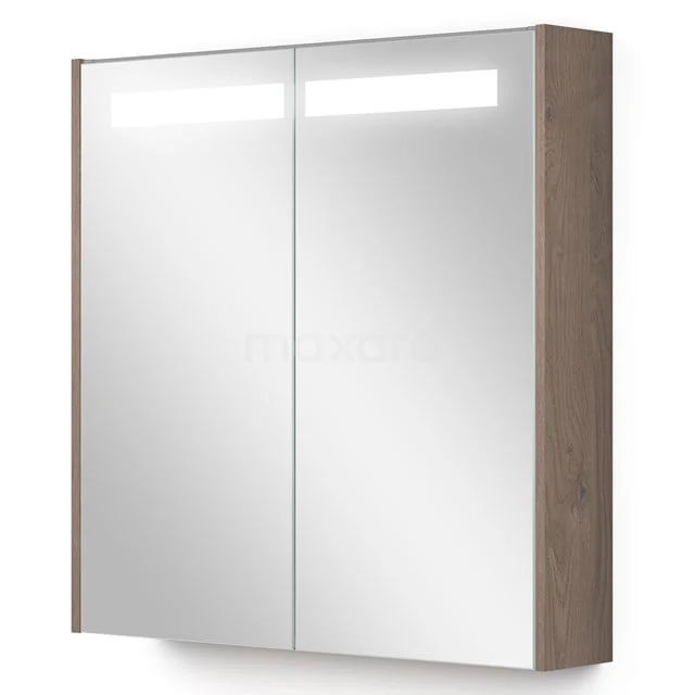 Holz Badezimmer Spiegelschrank mit doppelten Spiegeltüren, LED-Beleuchtung und subtiler Gestaltung für ein stilvolles Badezimmer.