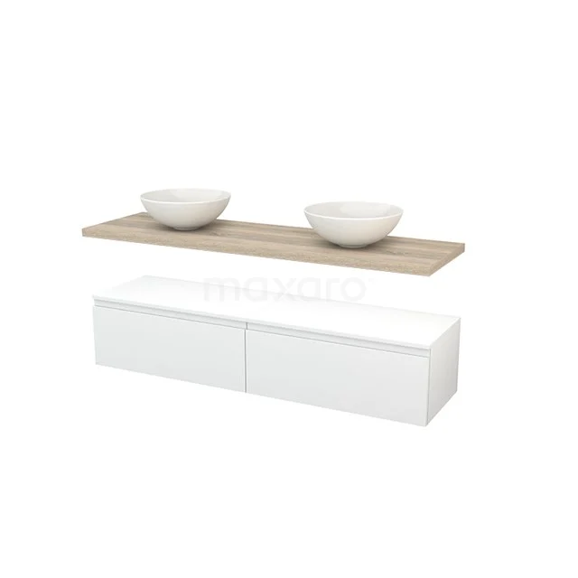 Modulo+ Plato Badmöbel mit Aufsatzwaschbecken | 160 cm Hochglanz Weiß Grifflos front Eiche blatt Tief hängend BMR000184 Weiße Doppelwaschbeckenmöbel mit Holzregal und zwei keramischen Aufsatzwaschbecken, modernes Design für das Badezimmer.