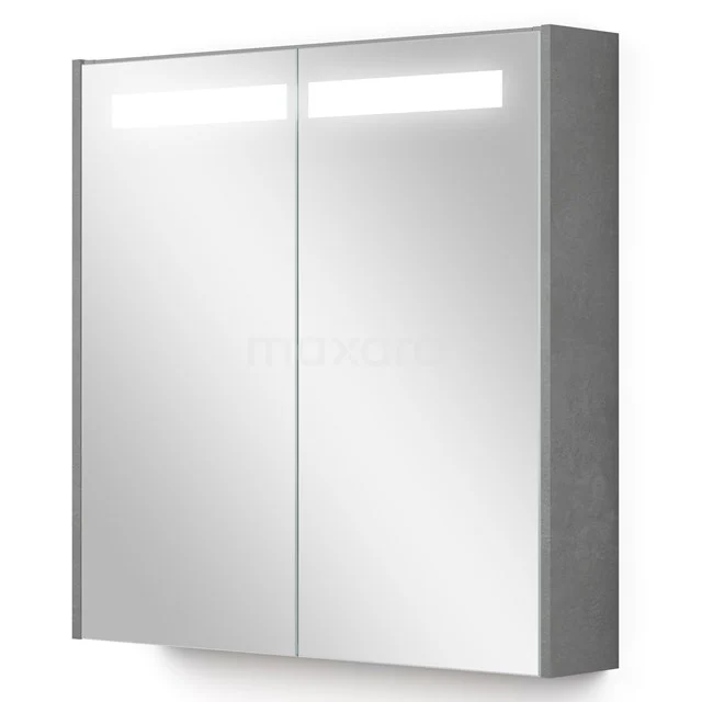 Moderne grijze badkamerkast met spiegeldeuren, geïntegreerde LED-verlichting en strak ontwerp voor stijlvolle badkameropslag.