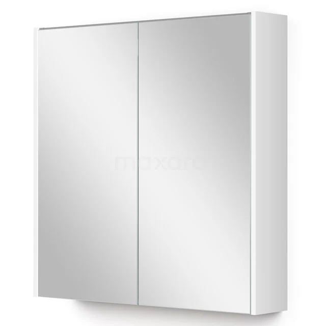 Weiße Badezimmer Spiegelschrank mit zwei Türen, schlichte moderne Formgebung, ideal für zusätzlichen Stauraum im Badezimmer.