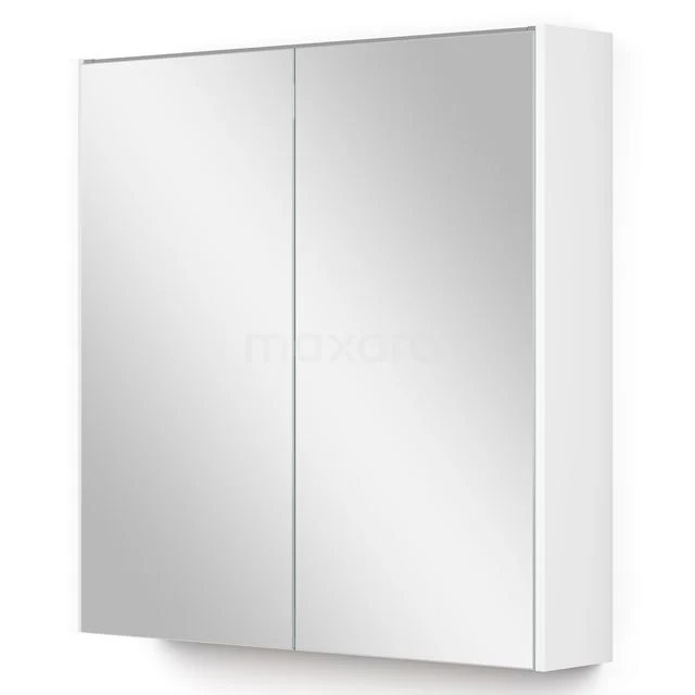 Weiße Badezimmer Spiegelschrank mit zwei Spiegeltüren, schlankes Design und Stauraum, ideal für moderne Bäder.