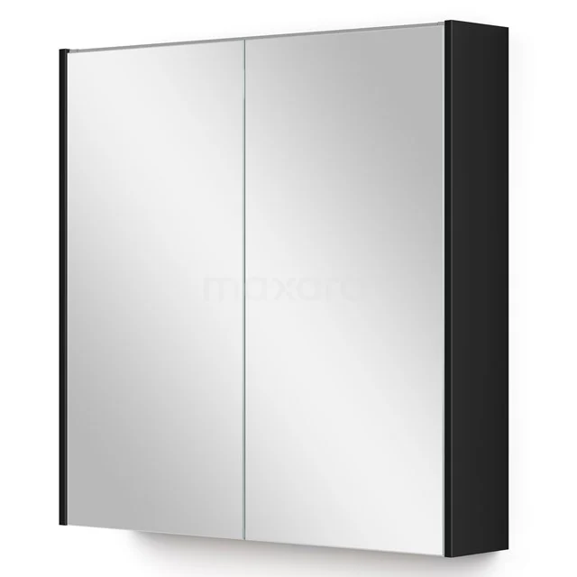Zwart-wit spiegelkast met dubbele deuren, ideaal voor badkameropslag, strakke afwerking en moderne design.