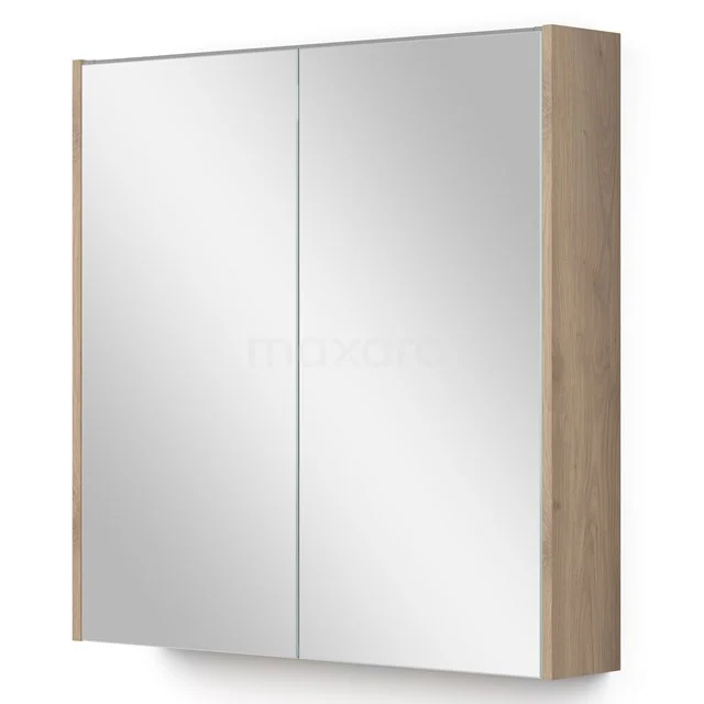 Wandregal mit Spiegeltüren, Holzmaserung Finish, ideal als stilvolle Aufbewahrungslösung für das Badezimmer.