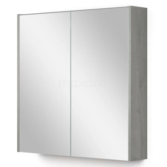 Moderne Spiegelschrank mit doppelten Spiegeltüren, grauem Rahmen und geräumigem Innenraum, ideal für Badezimmerlagerung.