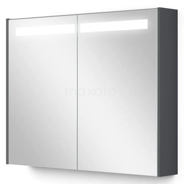 Moderne Spiegelschrank mit LED-Beleuchtung, grauen Seiten und doppelten Türen, ideal für stilvolle Badezimmerlagerung.