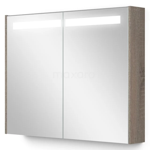 Spiegelschrank Badezimmer mit LED-Beleuchtung, zweiteilige Türen und Holzoptikrahmen, modernes Design zum Verstauen.