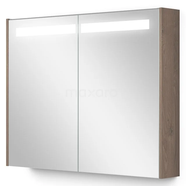 Hölzerner Badschrank mit Spiegeltüren, integrierter LED-Beleuchtung und modernem Design, ideal für Stauraum im Badezimmer.