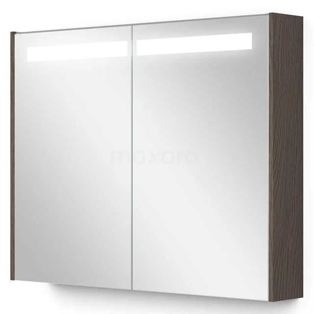 Badschrank mit Spiegeltüren, LED-Beleuchtung und dunkelbrauner Ausführung; moderne Aufbewahrungslösung für das Badezimmer.