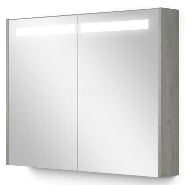 Moderne Spiegelschrank mit LED-Beleuchtung, zwei Spiegeltüren und grauer Holzoptik; ideal für ein stilvolles Badezimmer.