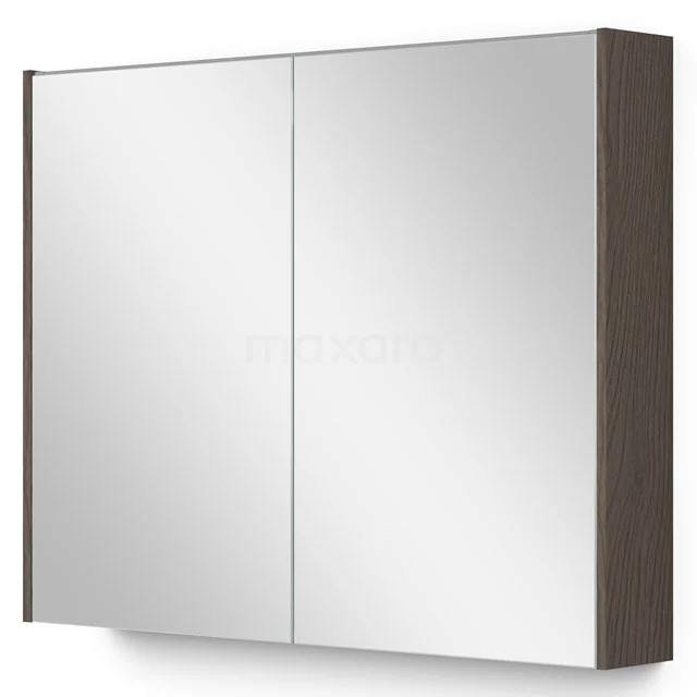 Wandschrank Badezimmer mit zwei Spiegeltüren, dunklen Holzseiten, idealer Stauraum für einen modernen Badezimmerstil.