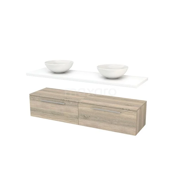 Low Bathroom cabinet with Basin worktop 160x35cm Modulo+ Plato Oak Flat BMR000189 Bathroom unit in light wood with two white countertop wash basins on a glass worktop, modern design and clean finish.