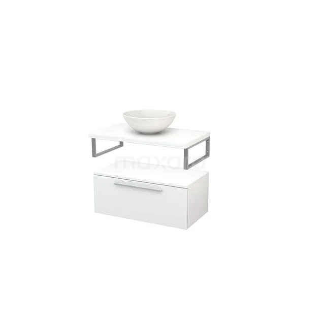 White bathroom furniture set with floating basin, modern metal accents and storage drawer for a stylish and functional bathroom.