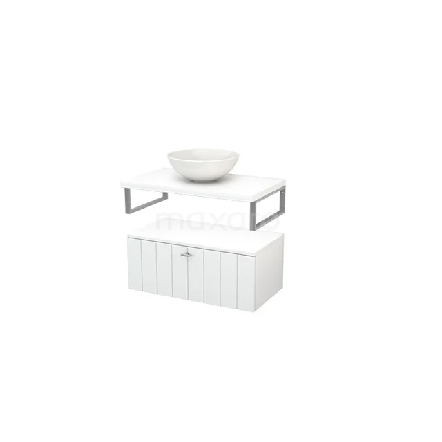 Weiße Badmöbelset mit Waschbecken, Glasregalen und Metallelementen, ideal für einen modernen Badezimmerstil.